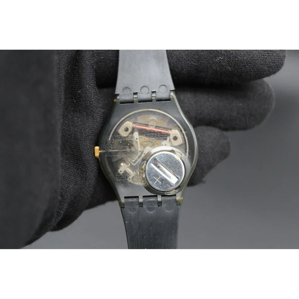 Vintage 1992 Swatch Gent Day-Date Black Gold Dial Olive Case Swiss Quartz Watch
